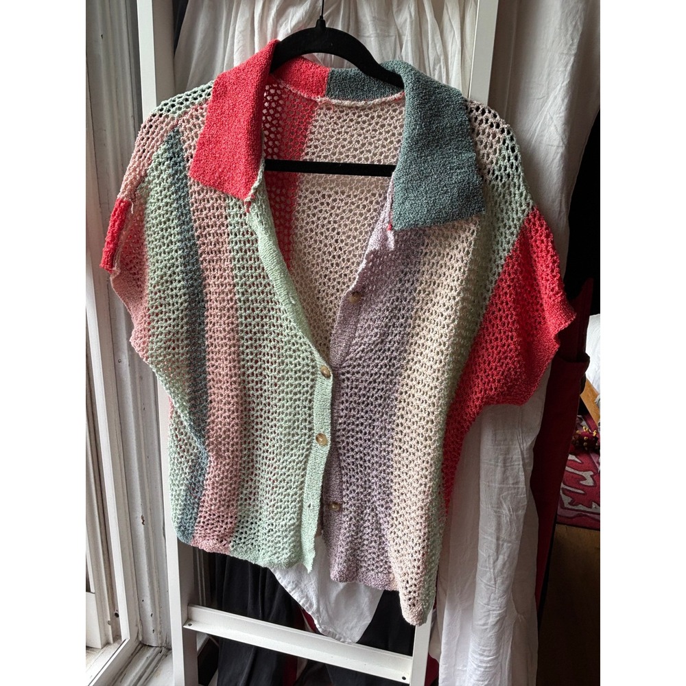 Cider Crochet Button Up Top Womens 1XL Multicolor Striped Open Knit Cardigan